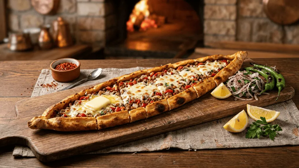 Pide turc en forme de barque garni de viande hachée épicée, poivrons, kaşar fondu et beurre, oignon au sumac, citron et piments