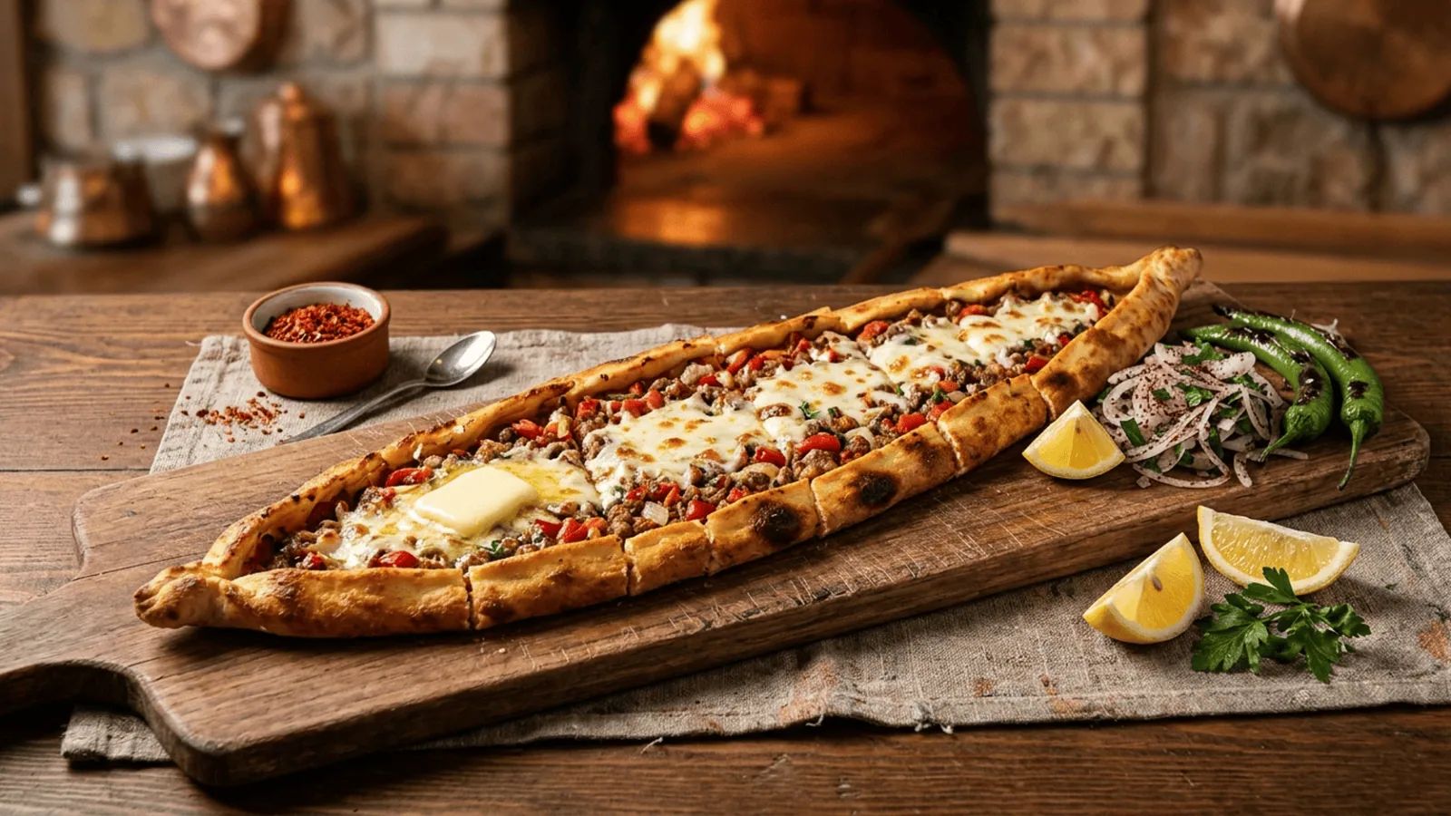Pide turc en forme de barque garni de viande hachée épicée, poivrons, kaşar fondu et beurre, oignon au sumac, citron et piments