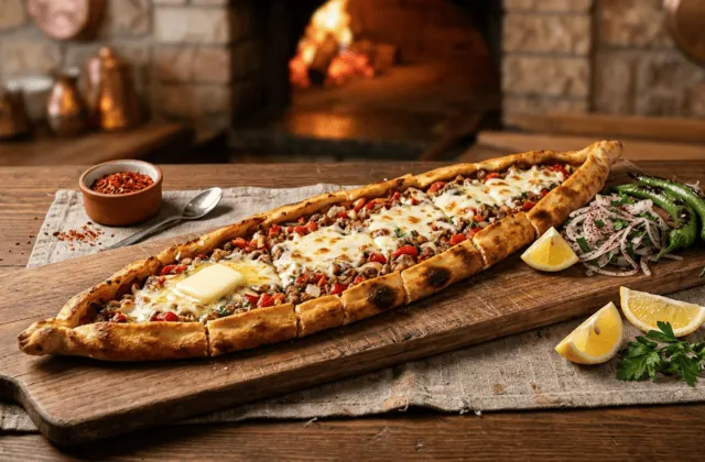Pide turc en forme de barque garni de viande hachée épicée, poivrons, kaşar fondu et beurre, oignon au sumac, citron et piments
