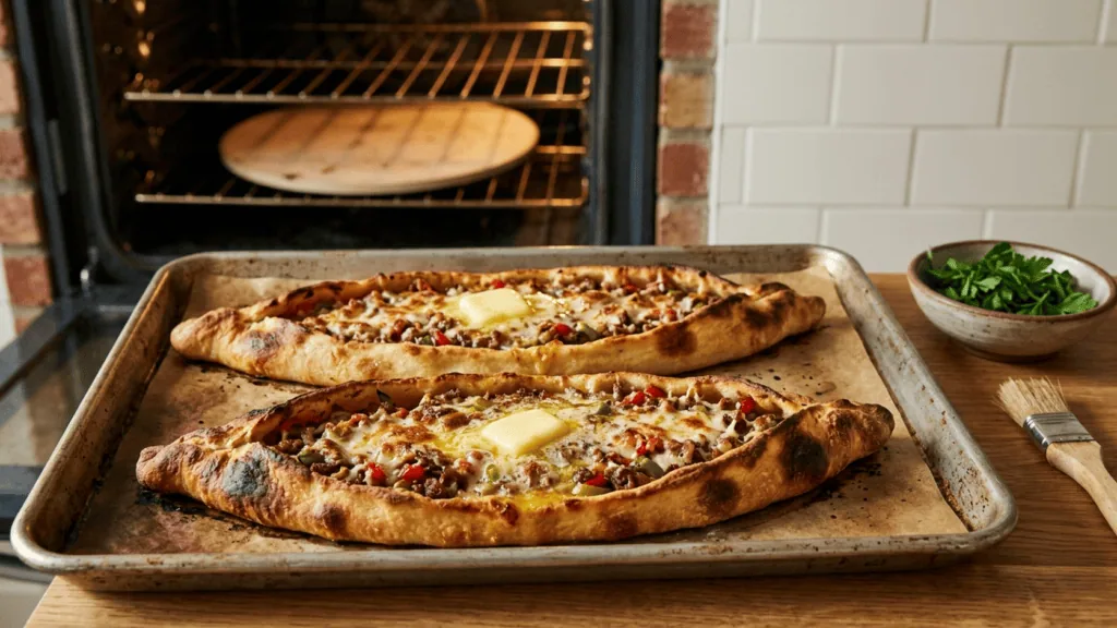Pide maison à la viande hachée et au kaşar sortant du four, beurre fondu et persil