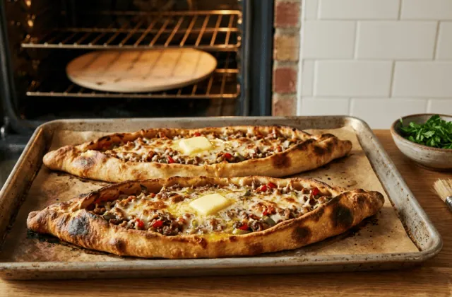 Pide maison à la viande hachée et au kaşar sortant du four, beurre fondu et persil