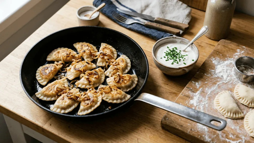 Pierogi ruskie maison dorés à la poêle, garnis d’oignons frits, crème aigre à la ciboulette et pierogi crus sur planche farinée