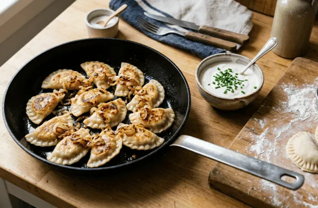 Pierogi ruskie maison dorés à la poêle, garnis d’oignons frits, crème aigre à la ciboulette et pierogi crus sur planche farinée