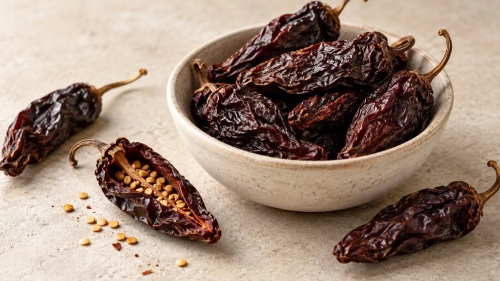 Piments chipotle séchés et fumés brun rouge avec leurs graines