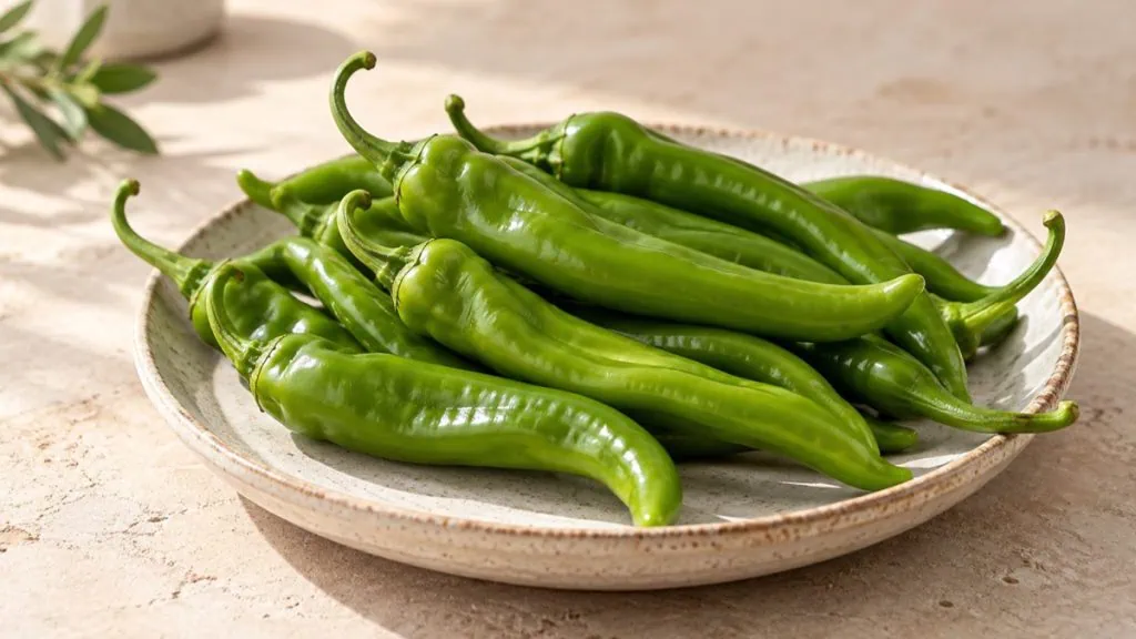 Piments d’Anglet verts frais dans un plat en grès