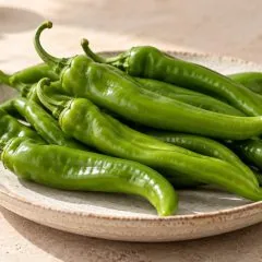 Piments d’Anglet verts frais dans un plat en grès