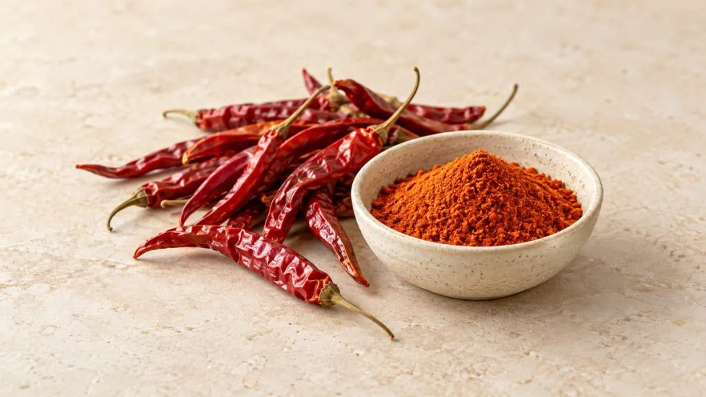 Piments de Cayenne séchés accompagnés de leur poudre