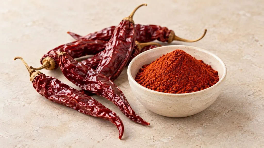 Piments du Cachemire séchés avec leur poudre rouge brique