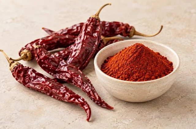 Piments du Cachemire séchés avec leur poudre rouge brique