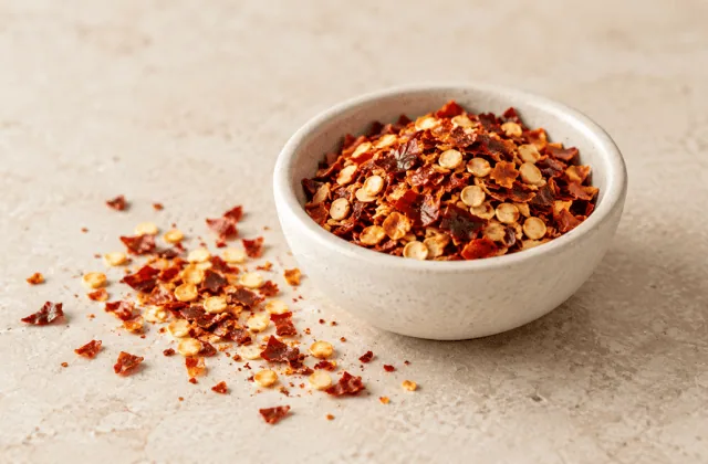 Flocons de piment rouge séché dans un petit bol clair