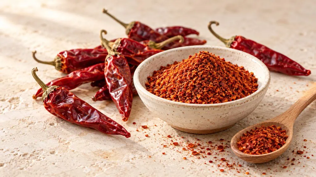 Piments d’Espelette séchés et poudre rouge brique dans un bol en grès