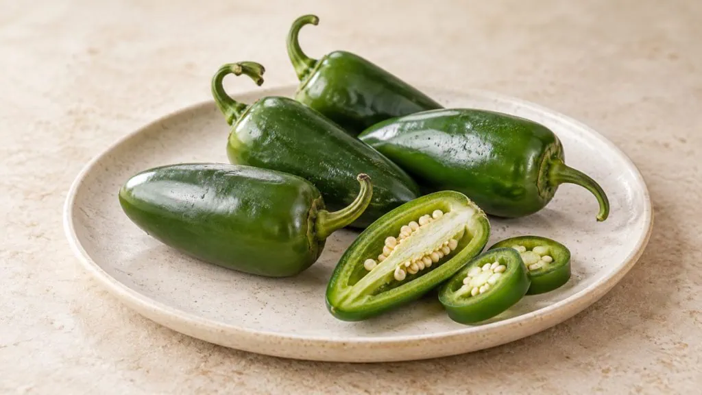 Piments jalapeño verts entiers et coupés