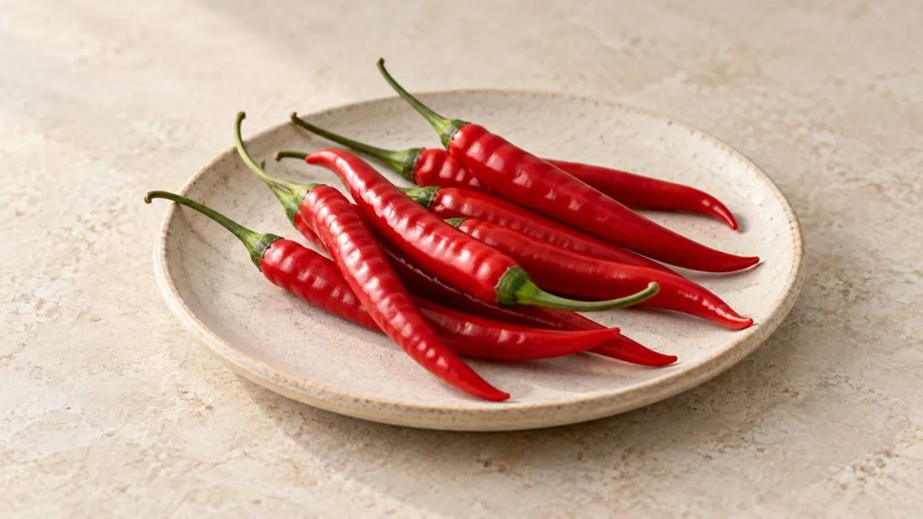 Piments rouges frais entiers sur une assiette en grès