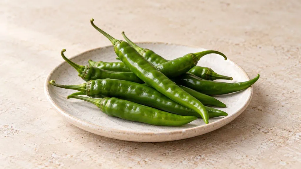 Piments verts frais longs et fins sur une assiette