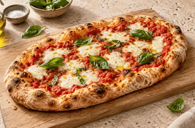 Pinsa romana ovale à la tomate, mozzarella et basilic
