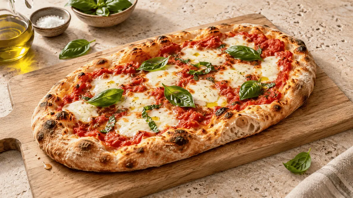 Pinsa romana ovale à la tomate, mozzarella et basilic
