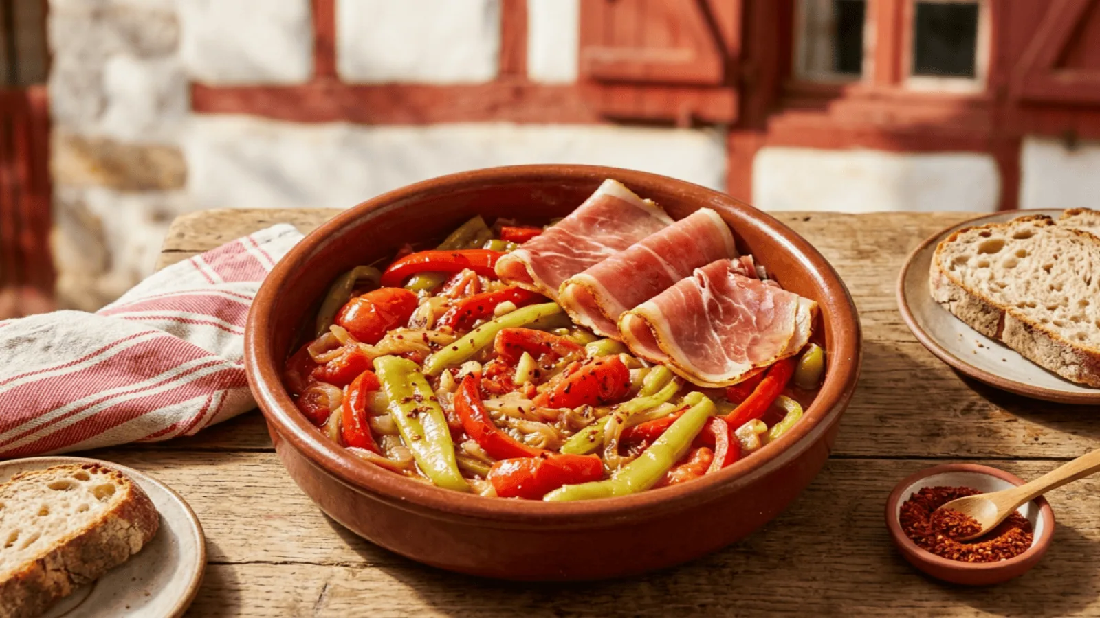 Piperade basque aux piments doux verts, poivrons rouges et tomates, garnie de jambon de Bayonne poêlé