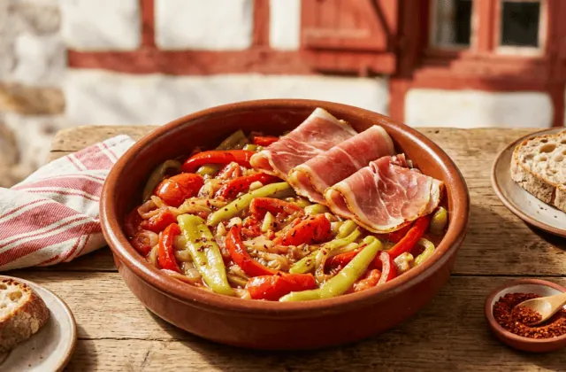 Piperade basque aux piments doux verts, poivrons rouges et tomates, garnie de jambon de Bayonne poêlé