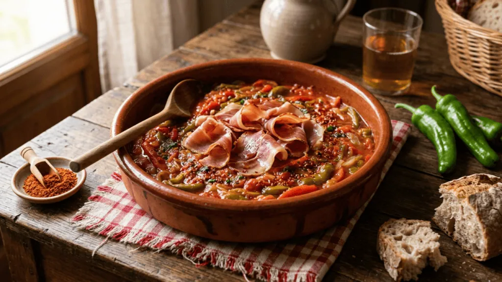 Piperade au jambon de Bayonne dans une cassole en terre cuite, poivrons fondus, piment d’Espelette et pain