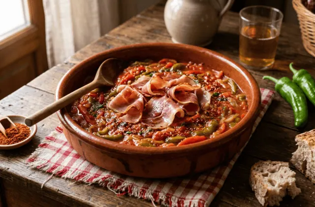 Piperade au jambon de Bayonne dans une cassole en terre cuite, poivrons fondus, piment d’Espelette et pain