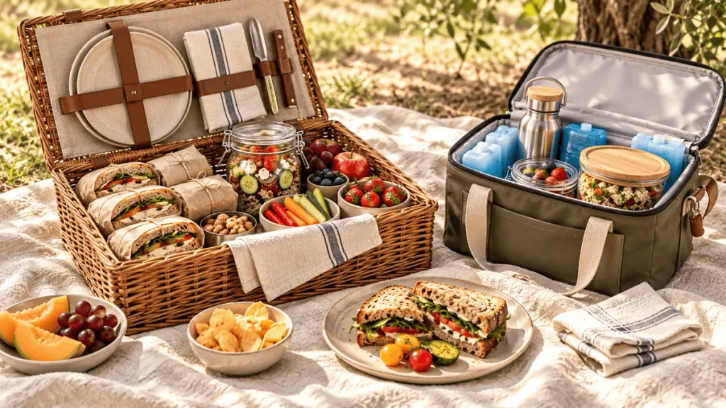 Panier de pique-nique, sandwiches, salade, fruits et glacière