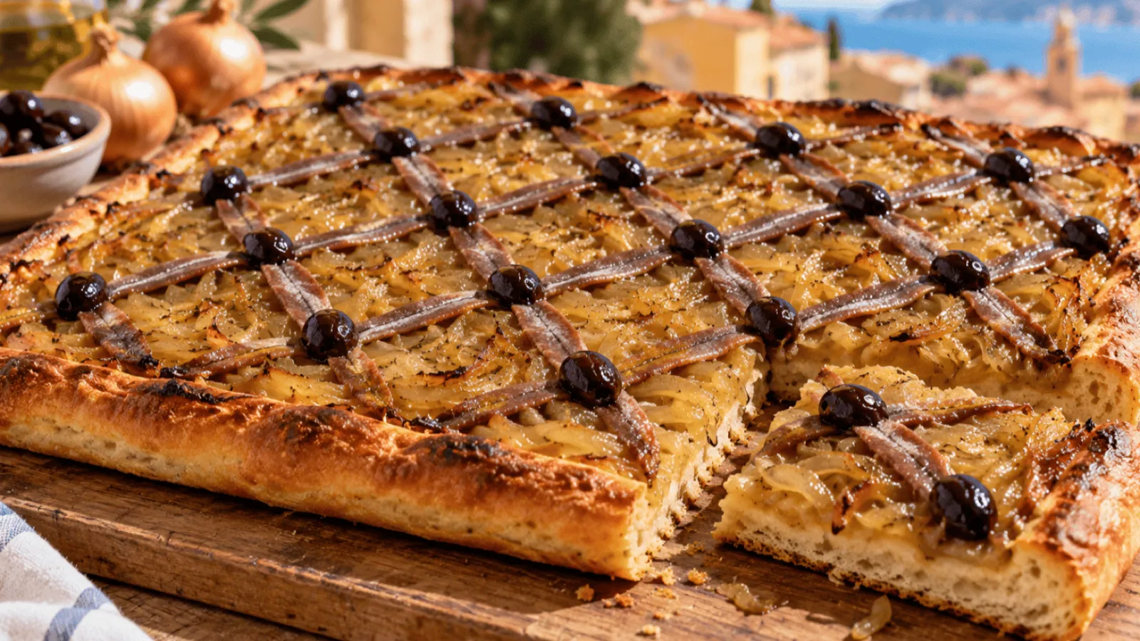 Pissaladière niçoise aux oignons fondants, anchois en croisillons et olives noires