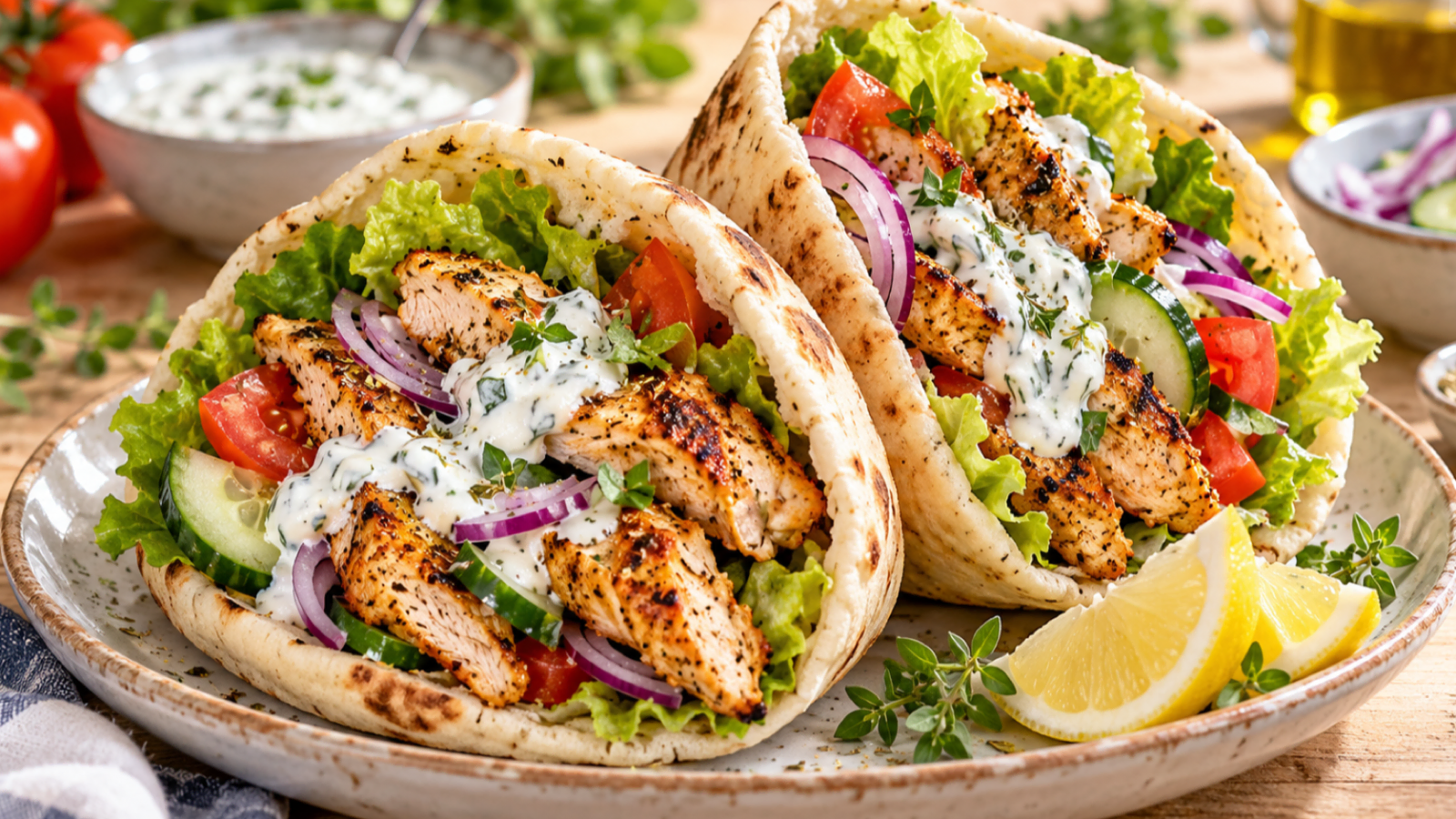Pitas au poulet grillé avec laitue, tomate, concombre, oignon rouge et sauce au yaourt