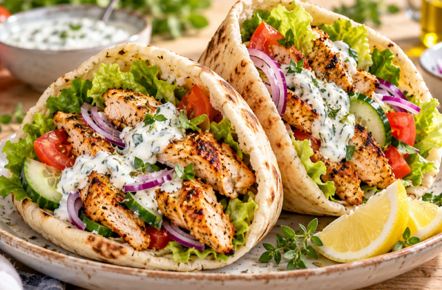 Pitas au poulet grillé avec laitue, tomate, concombre, oignon rouge et sauce au yaourt