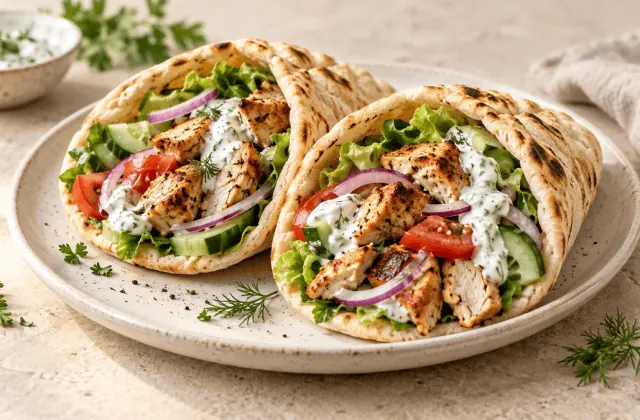 Pitas garnies de poulet grillé, crudités et sauce au yaourt