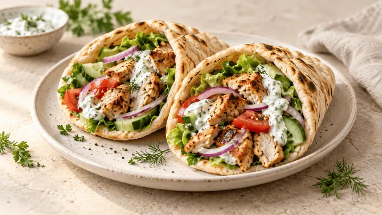 Pitas garnies de poulet grillé, crudités et sauce au yaourt