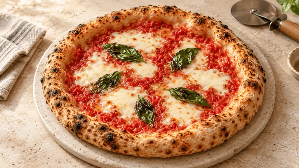 Pizza Margherita napolitaine à la tomate, mozzarella et basilic