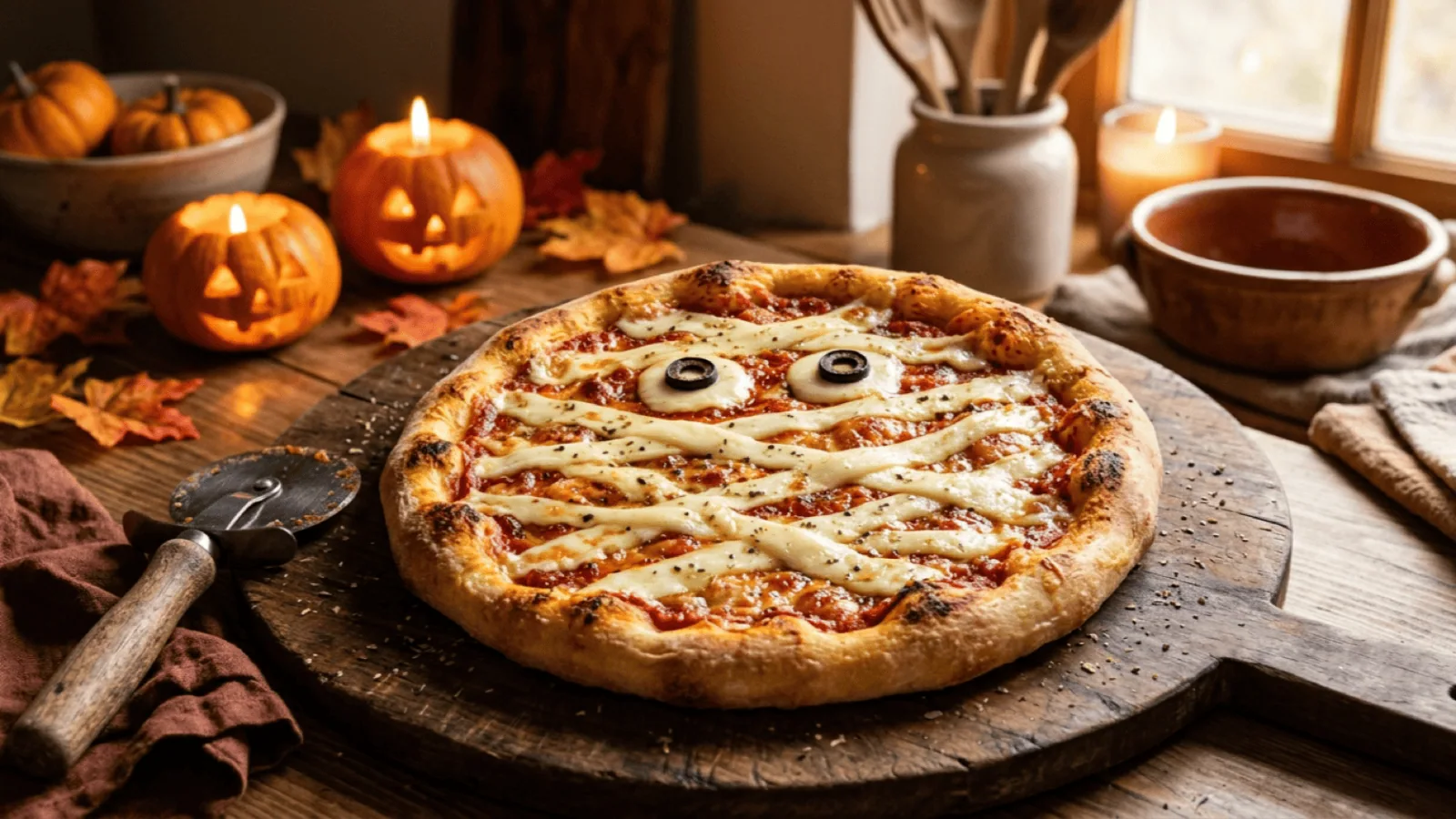 Pizza momie d’Halloween : bandelettes de mozzarella fondue en croisillons et deux yeux en olive noire sur sauce tomate
