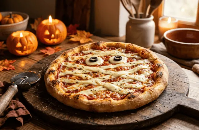 Pizza momie d’Halloween : bandelettes de mozzarella fondue en croisillons et deux yeux en olive noire sur sauce tomate