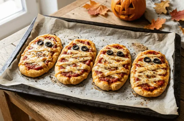 Quatre petites pizzas momies maison à la mozzarella et aux yeux en olive noire sur une plaque de cuisson