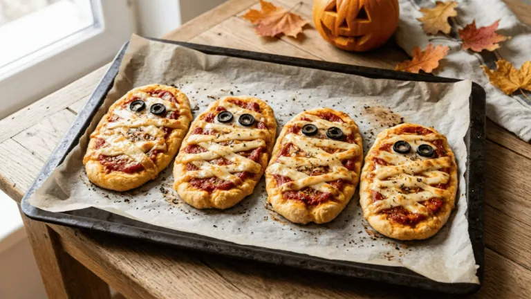 Quatre petites pizzas momies maison à la mozzarella et aux yeux en olive noire sur une plaque de cuisson