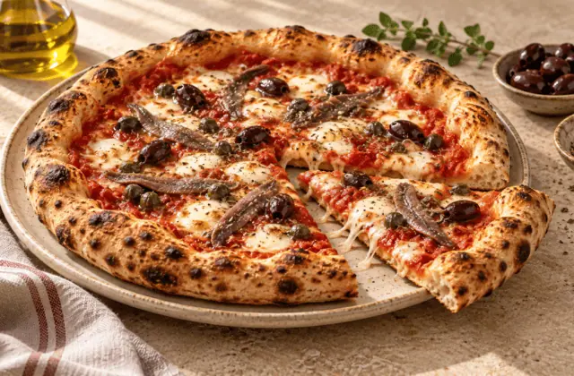 Pizza napolitaine aux anchois, câpres, olives noires et mozzarella