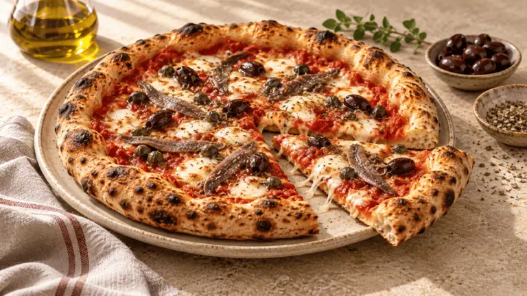 Pizza napolitaine aux anchois, câpres, olives noires et mozzarella