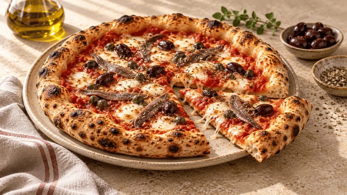 Pizza napolitaine aux anchois, câpres, olives noires et mozzarella