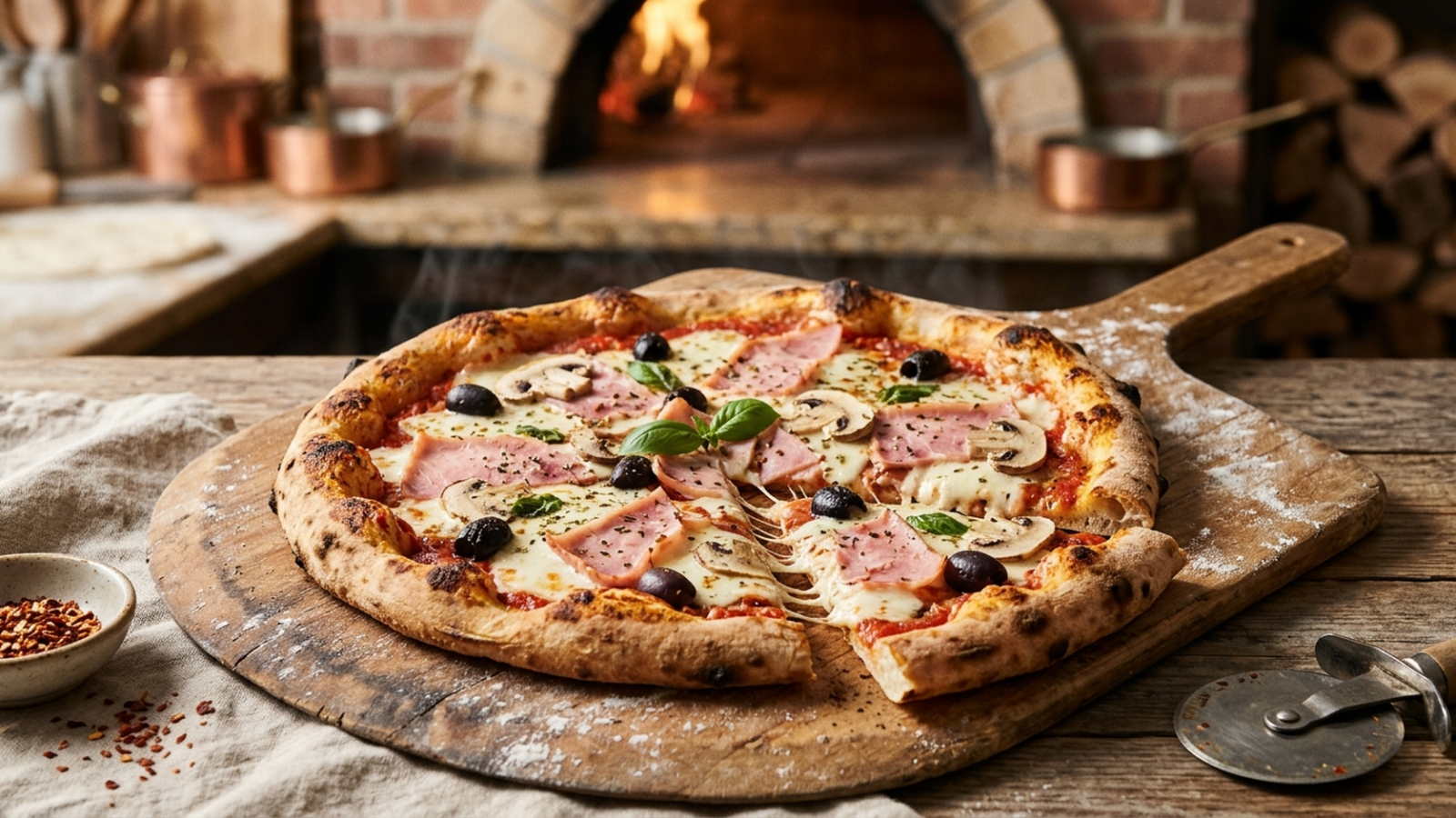 Pizza reine sur la pelle : sauce tomate, mozzarella fondue, jambon blanc, champignons de Paris, olives noires et origan