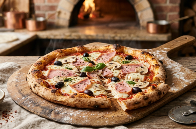 Pizza reine sur la pelle : sauce tomate, mozzarella fondue, jambon blanc, champignons de Paris, olives noires et origan