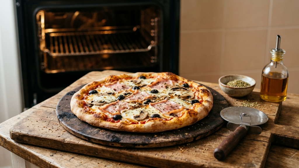 Pizza reine maison sur pierre à pizza à la sortie du four ménager, roulette, origan et huile d’olive