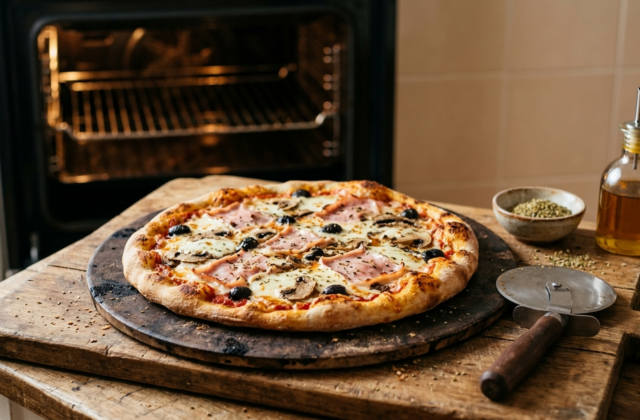 Pizza reine maison sur pierre à pizza à la sortie du four ménager, roulette, origan et huile d’olive