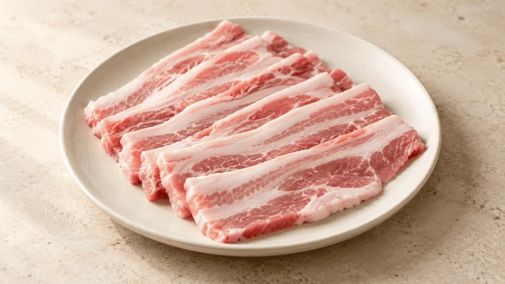 Fines tranches de poitrine de porc fraîche sur une assiette claire