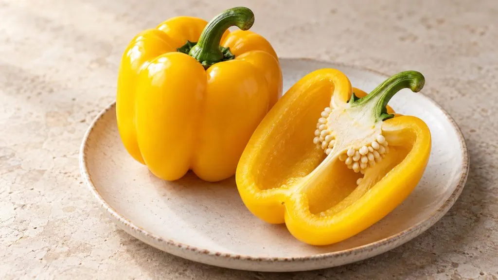 Poivrons jaunes frais entiers et coupés sur une assiette en grès clair