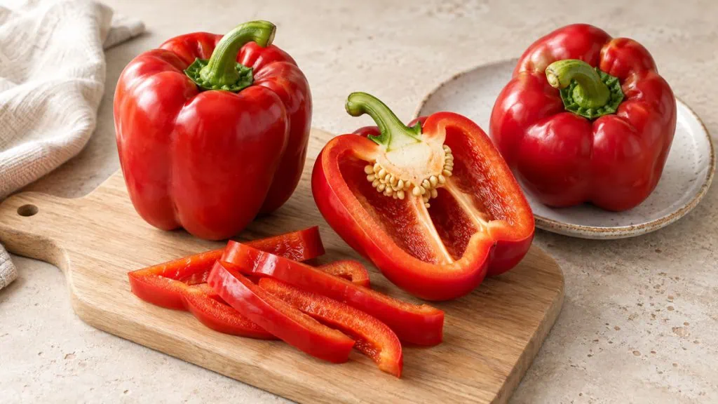 Poivrons rouges frais entiers, coupés en deux et en lanières sur une planche claire
