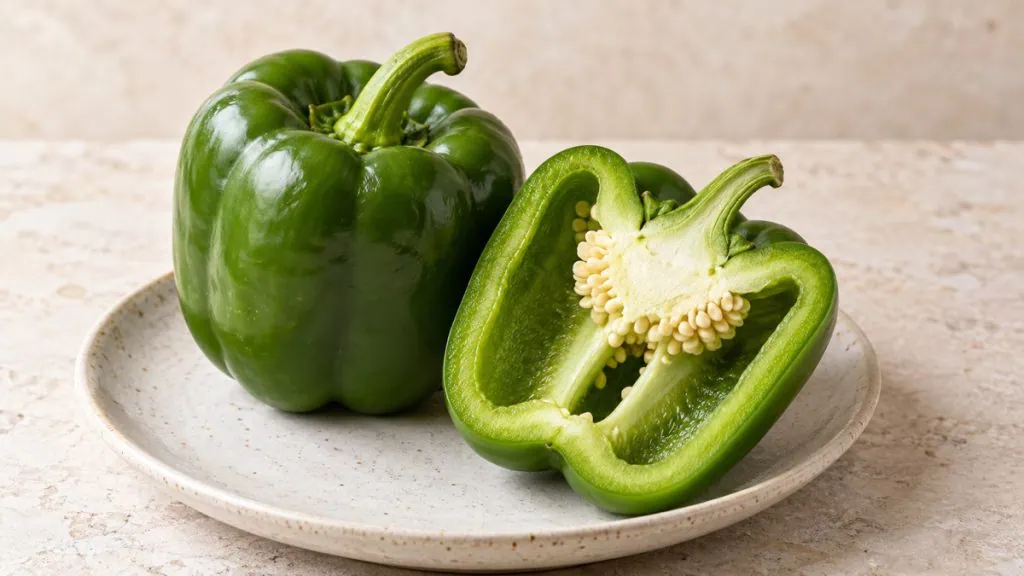 Poivrons verts frais entiers et coupés sur une assiette en grès clair