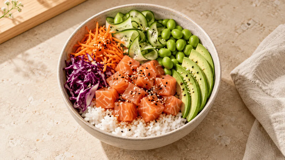 Poké bowl au saumon, riz, avocat, concombre et edamame