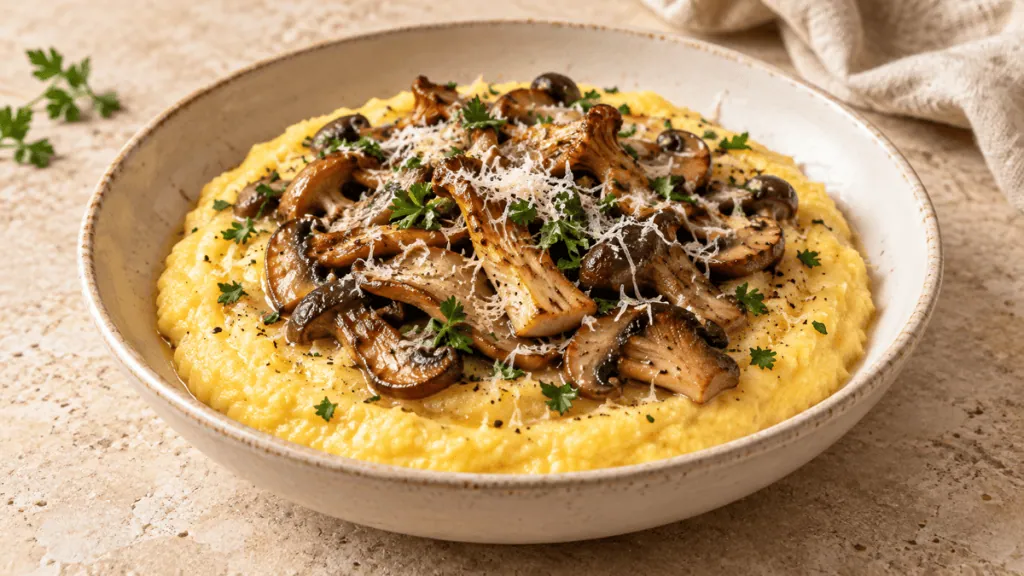 Polenta crémeuse garnie de champignons poêlés et de parmesan