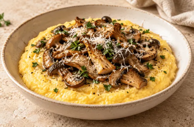 Polenta crémeuse garnie de champignons poêlés et de parmesan