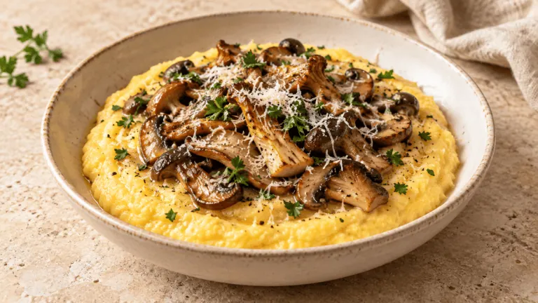 Polenta crémeuse garnie de champignons poêlés et de parmesan
